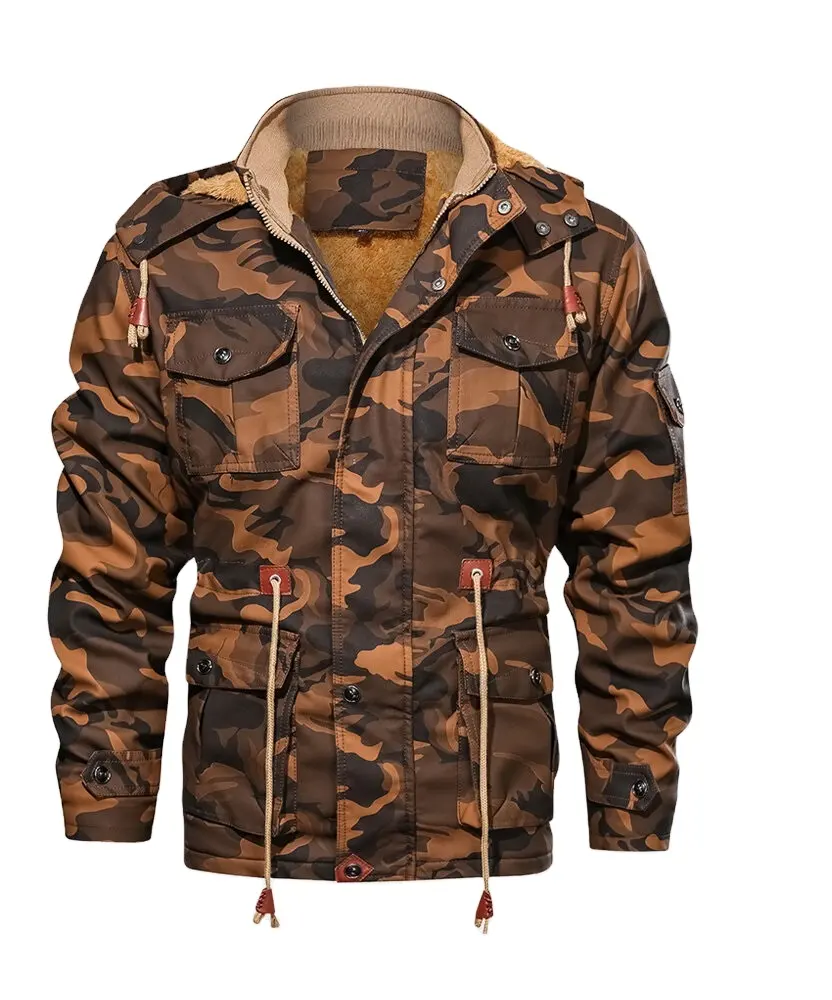 PU Leather Fur Lined Fleece Warm Multi Pockets Thicken Jackets Camo Mens for Winter Regular Clothing Length 100% Cotton Casual