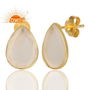 Drop Shape White <b>Moonstone</b> Stud Earrings 14k Gold Plated Jewelry 925 Silver Designer Stud Earrings Suppliers - Product Image 3