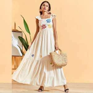 Vestido largo bordado sin mangas con cuello cuadrado, elegante - Product Image 3