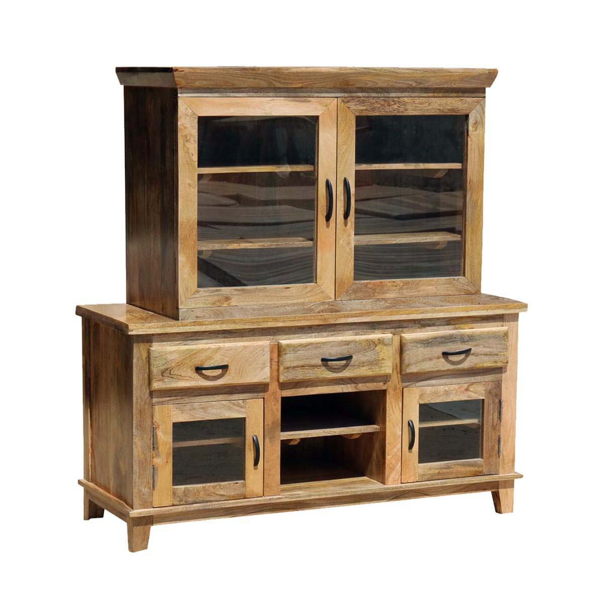 Industrielles rustikales massives Mango holz Drei Schubladen Glastüren Hand gefertigtes Buffet mit Hutch Vitrine