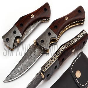 Couteau de poche pliant artisanal en acier Damas avec manche en bois de rose naturel (smk1207) - Product Image 2