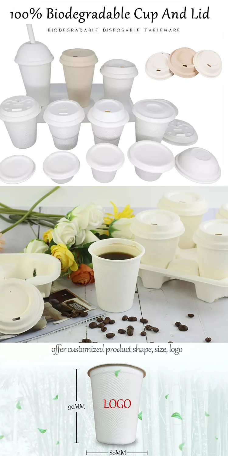 90mm Dome Wholesale Coffee Cups Eco Sugarcane Disposable Cup Biodegradable Paper Lid