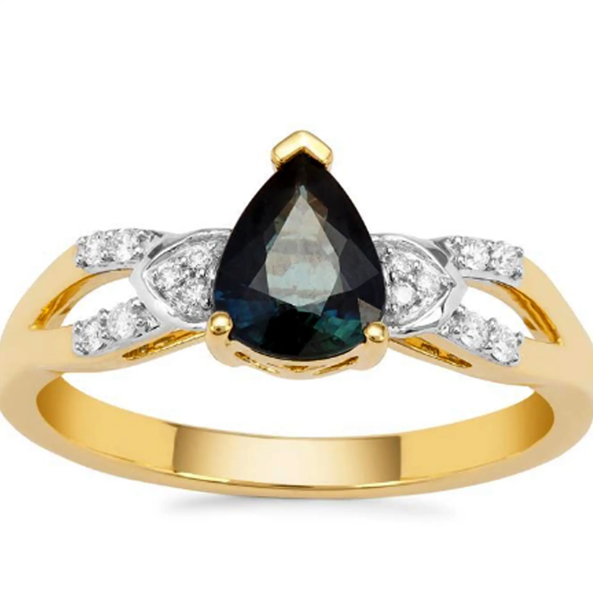 Được Chứng Nhận Tự Nhiên Blue Sapphire Diamond Pear Handmade 14K Vàng Vàng Nhẫn Trang Sức Giá Nhà Máy Bán Buôn