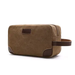 Bolsa de barbear para homens, portátil, algodão, viagem, kit dopp, organizador com guarnição de couro para homens