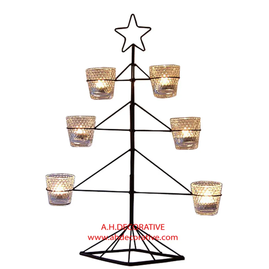X Mas Tree Stand With 6 T-light Holder for Birthday Party Decoration Black Tree Shape T-Light Holder for Christmas Decoration