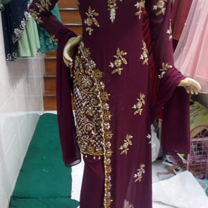 2022 Dabka Work Party-Wear/Wedding <b>Dress</b> Wine Color Top and Pant with Embellished Crystal Glass Beads Sequined Lace Decoration - Product Image 1