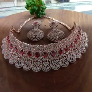 CZ Perhiasan Terbatas Berlapis Emas Gaya BOLLYWOOD CHOKER Pengantin Baru Banyak Dijual dari INDIA