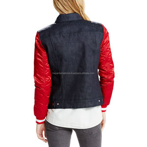 Veste en jean décontractée pour femme HIDVJ04, coupe slim, col montant, broderie, mode, avec manches en cuir rouge, pour l'extérieur, OEM, hiver - Product Image 2