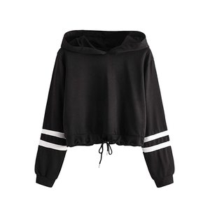 Femmes décontracté à manches longues haut court sweat à capuche été uni teint doublé conception avec cordon de serrage ourlet - Product Image 1