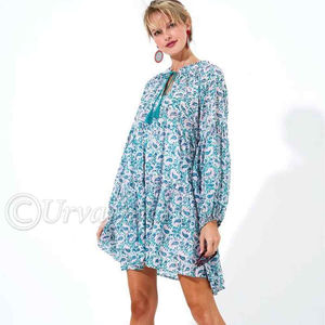 100% pur coton imprimé taille smocks robe courte pleine ballon manches avec volants encolure ajustée confortable robe courte - Product Image 1