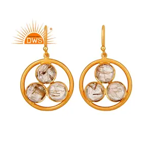 Golden Rutile Gemstone Earring Round Gold Plated Silver Hook Earring Wholesale Indian Gemstone Jewelry Manufacturer - Product Image 1