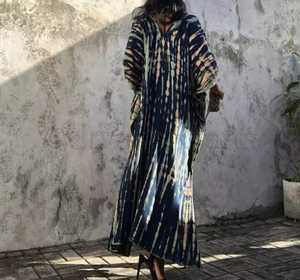 Robe longue blanche à manches mi-longues pour femmes, style Boho décontracté, teinture par nouage, caftan, nouvelle collection 2022 - Product Image 5