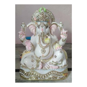 ประติมากรรมนั่งหินอ่อนสีขาว Shri Ganesh สีทอง - Product Image 1
