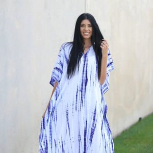 Caftán Tie Dye de Verano 2026 al por Mayor para Mujer, Blanco, Largo, Estilo Informal, Talla Única, Tejido, para Vacaciones, Uso en Casa - Product Image 1