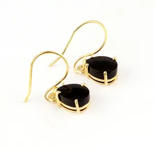 Fashion jewelry black onyx gemstone prong setting earring brass gold plated pear shaped bohemian drop dangle minimalist earrings