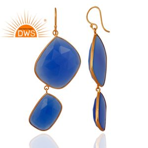 Pendientes de plata de ley 925 con gancho chapado en oro, joyería con piedras preciosas de Calcedonia azul - Product Image 2