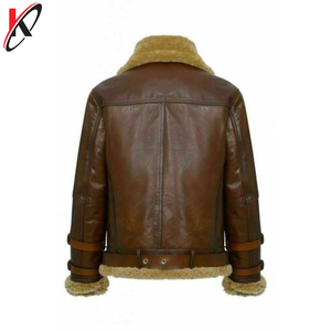 พรีเมี่ยมที่มีคุณภาพสีน้ำตาลผู้ชายแจ็คเก็ตหนังจริงปกเสื้อขนสัตว์ - Product Image 4