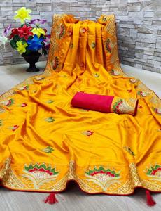 Sari en soie Vichitra avec broderie lourde et pièce de blouse, vêtements indiens pour femmes, sari à bas prix, vente en gros, vêtements de Surat - Product Image 2