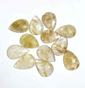 Prix de gros – Pierre précieuse naturelle en quartz rutilé doré, taille rose, facettée, en forme de poire, calibrée, 22x32mm, pour la fabrication de bijoux - Product Image 1