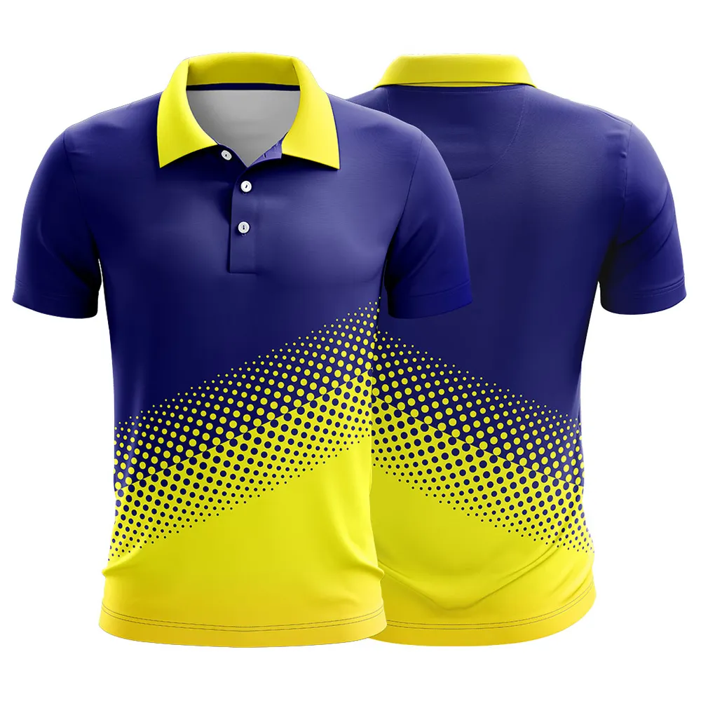 כחול וצהוב נקודות סובלימציה לוגו מותאם אישית דיגיטלי מודפס יפה עיצוב קיץ סגנון קצר שרוול חדש פולו חולצות לגברים