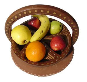 Cesta de madeira dobrável em forma redonda, 5 partições secos-frutas