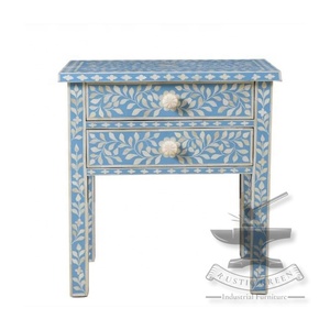 Table d'appoint traditionnelle en os et incrustation de fleurs bleues avec tiroir pour la maison salon salle de bain cuisine meubles atelier - Product Image 5