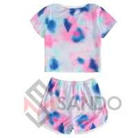 Ensemble de shorts pour femmes à prix bas avec logo personnalisé, tie-dye, 100% coton, taille plus, décontracté, été, 2 pièces, séchage rapide, respirant
