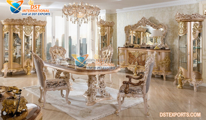 Mesa de comedor de madera de teca de estilo europeo, juego de mesa de comedor de 8 plazas con aspecto elegante, color dorado real - Product Image 6