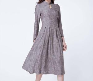 Mode femmes tendance couleur grise col rond longueur de plancher formelle solide à manches longues femmes robe en lin - Product Image 1