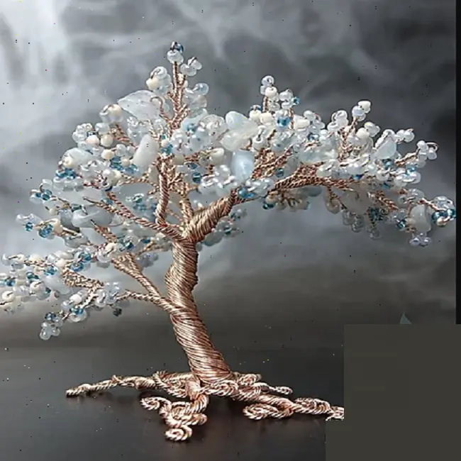 Life Tree Natural Aquamarine Crystals Copper Money Tree Wrapped On Blue Ceramics Vase Crystal