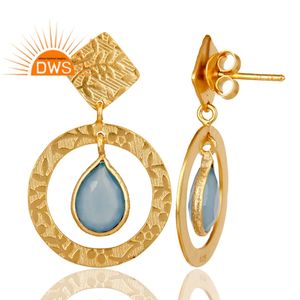 Blue Chalcedony Gemstone Earrings Indian Gold Plated Texture 925 Silver Designer Dangle Earrings Jewelry Wholesale - Product Image 3