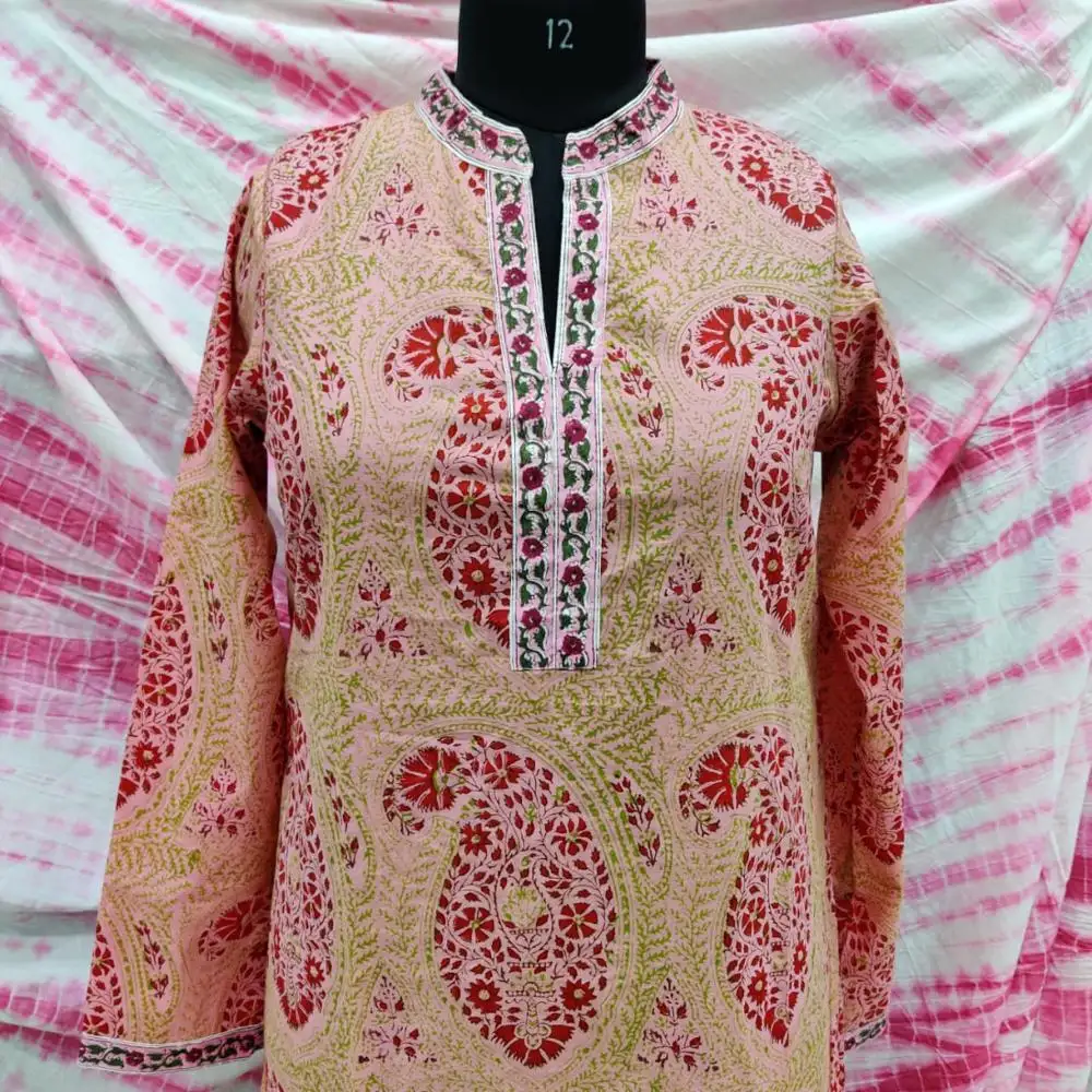Bloco de mão mulheres kurti top impressão de algodão, branco, roupas indianas da índia & do paquistão festa escritório casual personalizado tamanho
