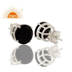 Boucles d'oreilles rondes pour femme, en argent Sterling 925, pierres précieuses noires Onyx, vente en gros, bijoux - Product Image 2