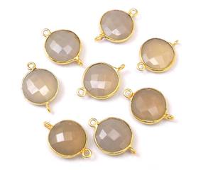 18K Gold Plated Sterling Silver Gray Chalcedony Round Faceted Double Bail Gemstone Bezel Connector Jewelry Making Components - Product Image 1