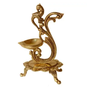 Lamp Peacock Diya Brass Oil Tier Ghee Puja Hindu Article Indian deepak in antique finish for Diwali decoration
