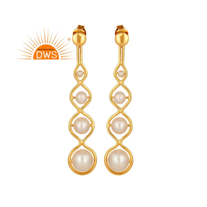 Pretty White Pearl Earring Gemstone Jewelry Wholesale 18k Gold Plated New Designer Silver Dangle Earring Supplier