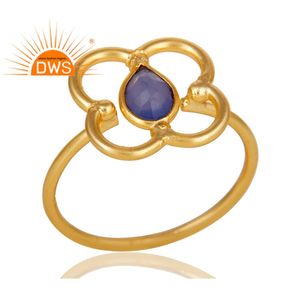 Bague en pierre précieuse bleue en calcédoine, bijoux de créateur, en or plaqué argent Sterling 18 carats, décoration artistique - Product Image 2