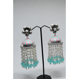 latest fasion trending meenakari <b>silver</b> look alike brass hoop stud <b>long</b> beads jhumka earing for girls and women - Product Image 1