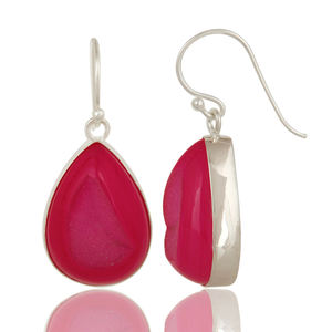 Bezel-Set Drop Earrings Jewellery Manufacturer Natural Pear Shape <b>Pink</b> Druzy Agate Fine Sterling Silver <b>Jewelry</b> Supplier - Product Image 2