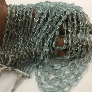 Brin de perles en vrac lisse en pierre d'aigue-marine bleue naturelle pour la fabrication de bijoux en pierres précieuses au prix de gros régulier en ligne