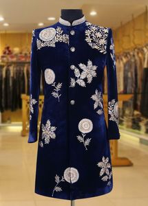 2022 Indowestern azul marino Sherwani con pantalón hermoso bordado Zardozhi para fiesta y vestido de novia talla XL hecho de tela - Product Image 2