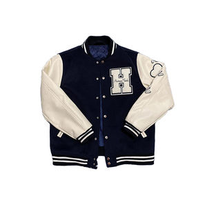 Chaqueta Universitaria de Alta Calidad para Hombre con Bordado Alfabético, 100% Lana, Mangas de Cuero Genuino, Cuello Alto, Invierno, Parte Delantera en el Pecho - Product Image 1