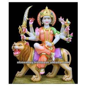 Estatua de mármol Durga, sentado en el Señor León - Product Image 1