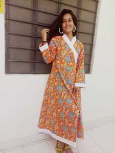 Naranja Multicolor Diseño floral Raya blanca Bloque de mano Impreso Algodón puro Weston Casual Button-Up Ropa libre Transpirable - Product Image 2