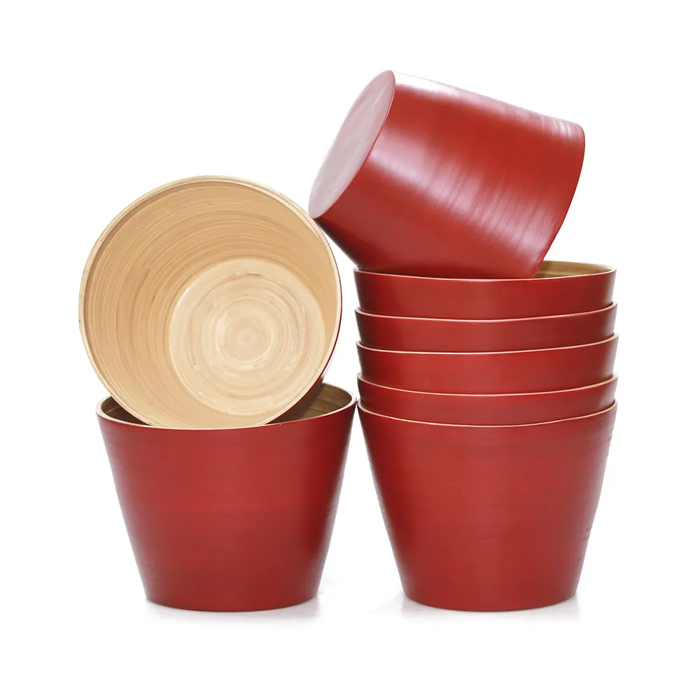 Spun potes de fibra de bambu natural eco-amigável, vaso de plantio de flor de bambu com laca vermelha para exportação