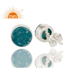 Blue Druzy Agate Gemstone Round Cut <b>Studs</b> <b>Earrings</b> 925 Sterling <b>Silver</b> Women's <b>Earring</b> Jewelry Wholesaler - Product Image 2