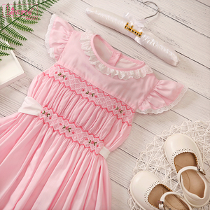 Belle robe de filles de broderie d'ange de tissu de piqué rose décontracté-100% coton LD424 - Product Image 1