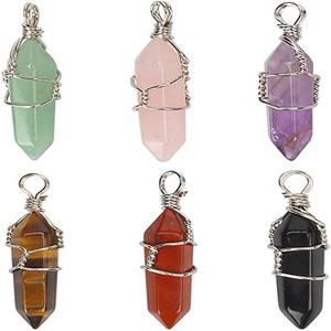 Collier de pendentifs en quartz cristal à double pointe de meilleure qualité AAMEENA AGATE Vente en gros de nouveautés en pierre enroulée de fil pour cadeaux - Product Image 1