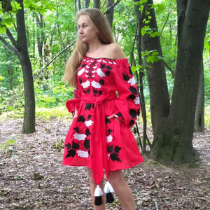 ชุดเดรสสั้นปักลายยูเครนแบบดั้งเดิมสินค้า2022คอตตอนไม่มีสาย100% สีแดง - Product Image 1