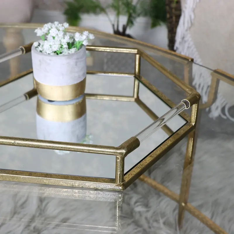 Gold Hexagonal Mirrored Tray Herstellung serviert Fabrik maßge schneiderte elegante Stil Hochzeits dekoration beste Qualität Made in India
